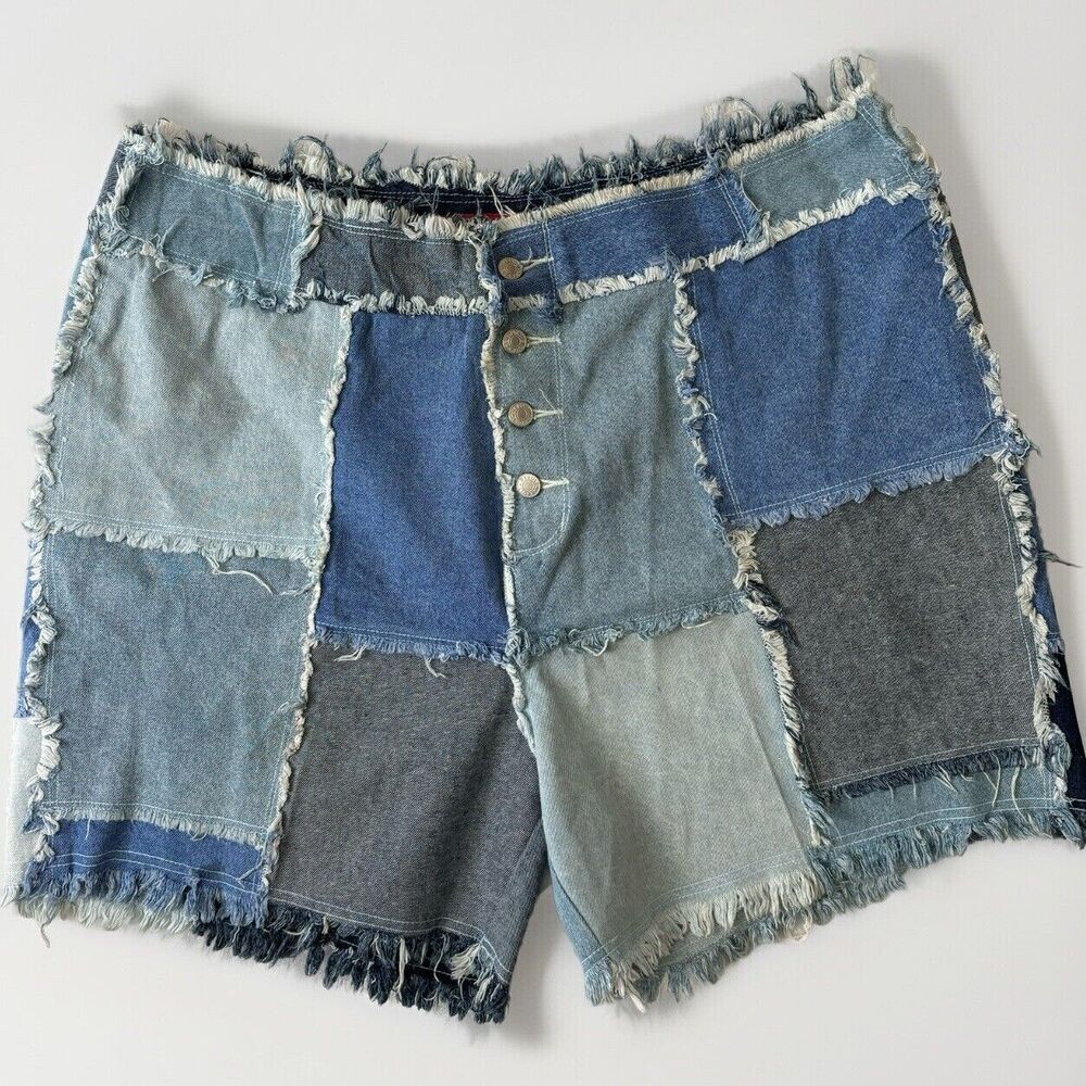 Blue Patchwork Jean Shorts with Distressed Style